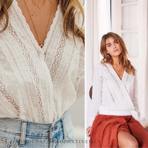 NWT Sézane Alessandra Eyelet Surplice Wrap Long Sleeve Blouse | 38 (6) | White - Picture 3 of 16